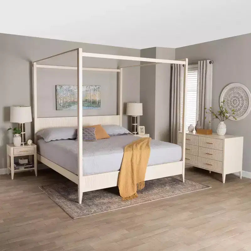Juego de dormitorio con dosel de 4 piezas Baxton Studio Primrose, de madera acanalada color marfil, estilo Mid-Century