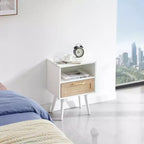 MAYEERTY - Mesa auxiliar de ratán con cajón y patas de madera maciza, mesa auxiliar para sala de estar, dormitorio, color blanco