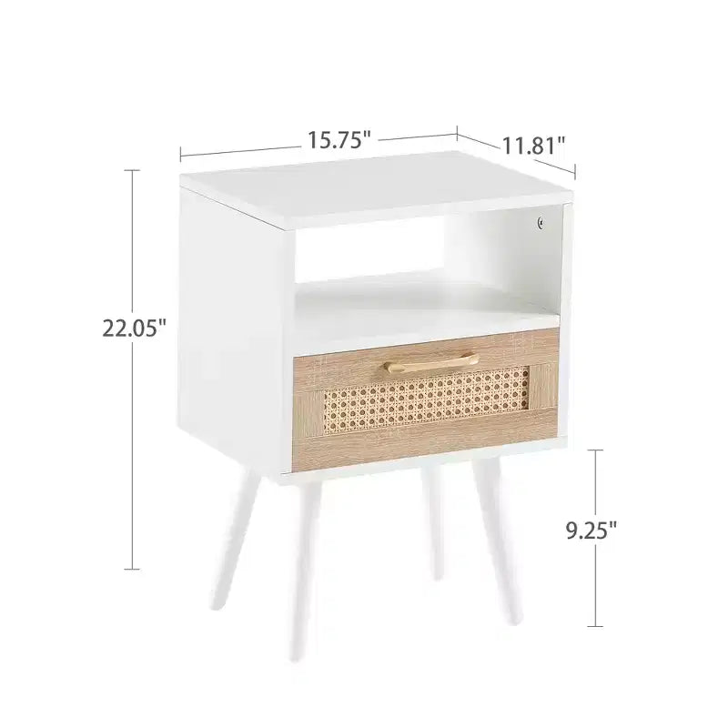 MAYEERTY - Mesa auxiliar de ratán con cajón y patas de madera maciza, mesa auxiliar para sala de estar, dormitorio, color blanco