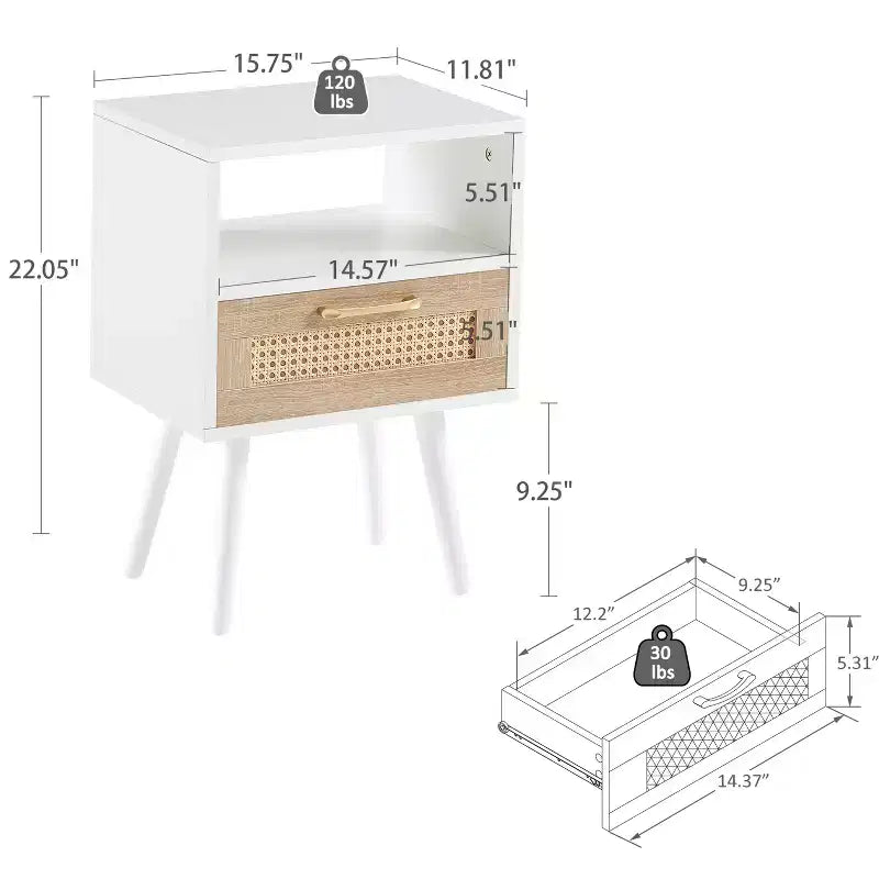 MAYEERTY - Mesa auxiliar de ratán con cajón y patas de madera maciza, mesa auxiliar para sala de estar, dormitorio, color blanco