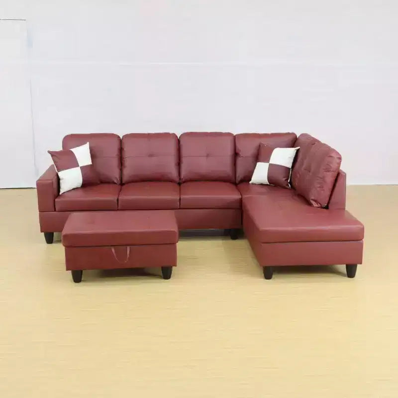 Elegante sofá seccional de piel sintética roja - Diseño en forma de L, cojines afelpados, otomana de almacenamiento, muebles modernos para sala de estar