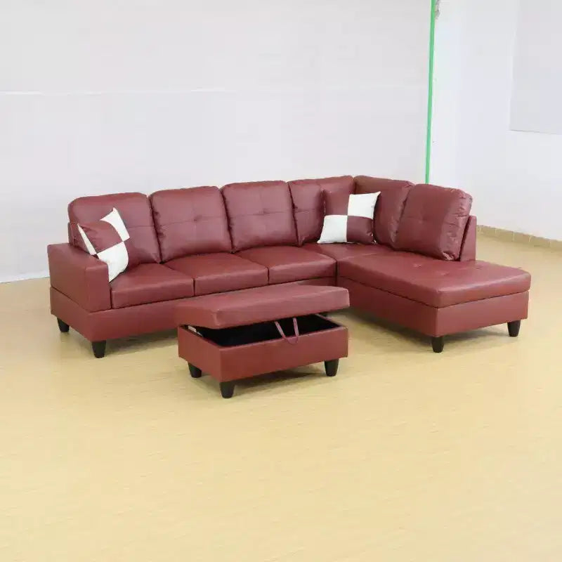 Elegante sofá seccional de piel sintética roja - Diseño en forma de L, cojines afelpados, otomana de almacenamiento, muebles modernos para sala de estar