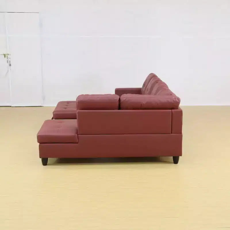 Elegante sofá seccional de piel sintética roja - Diseño en forma de L, cojines afelpados, otomana de almacenamiento, muebles modernos para sala de estar