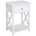 Mesa auxiliar, mesa auxiliar de granja con cajón de almacenamiento, estante abierto y estructura en X, mesita de noche para sala de estar, blanco