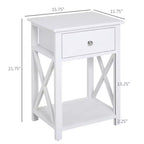 Mesa auxiliar, mesa auxiliar de granja con cajón de almacenamiento, estante abierto y estructura en X, mesita de noche para sala de estar, blanco