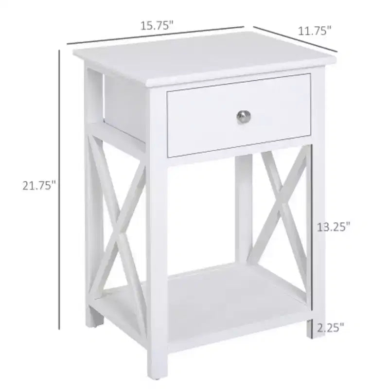 Mesa auxiliar, mesa auxiliar de granja con cajón de almacenamiento, estante abierto y estructura en X, mesita de noche para sala de estar, blanco