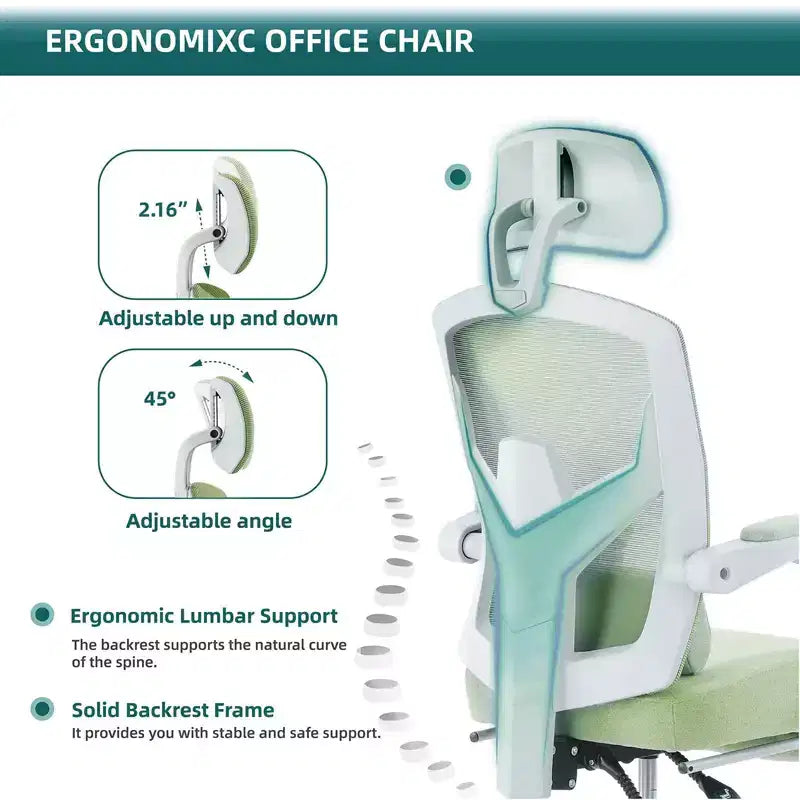 Silla de oficina con reposapiés retráctil, cojín de apoyo lumbar y reposabrazos acolchados, diseño giratorio ergonómico