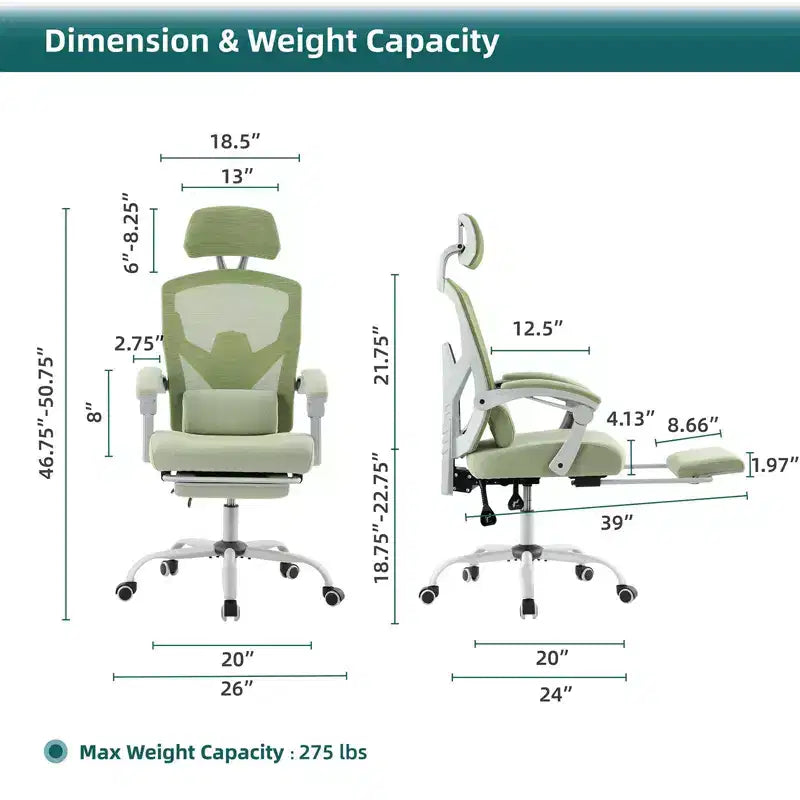 Silla de oficina con reposapiés retráctil, cojín de apoyo lumbar y reposabrazos acolchados, diseño giratorio ergonómico