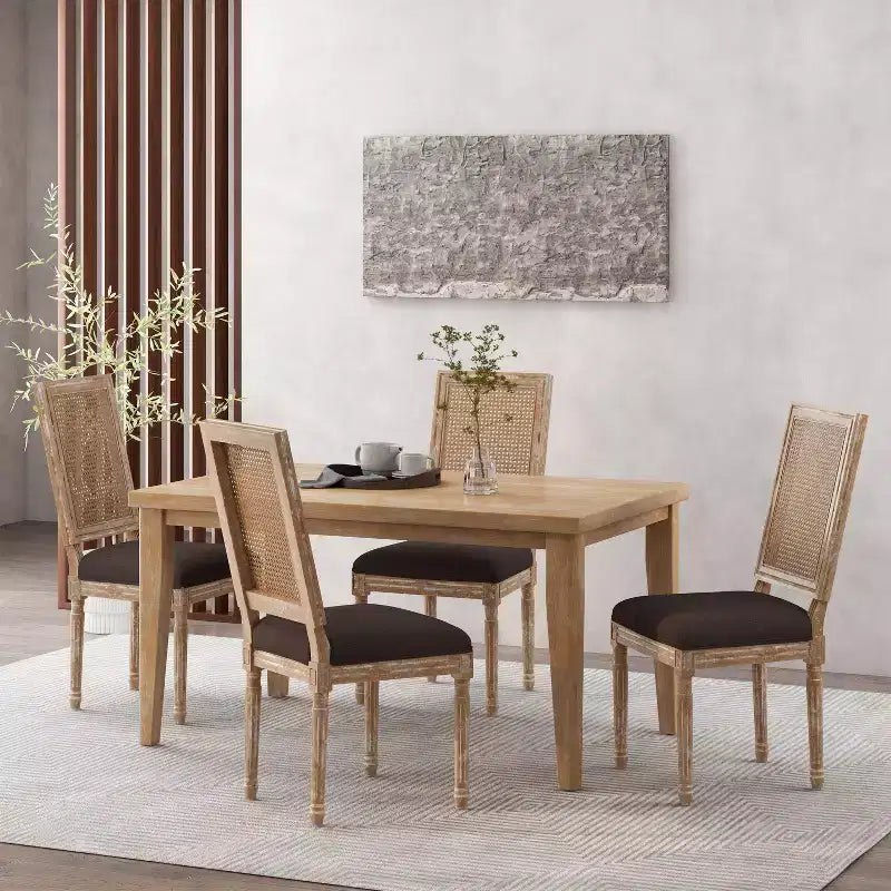 Christopher Knight Home Sillas de comedor tapizadas de madera y mimbre estilo rústico francés Brownell (Juego de 4)