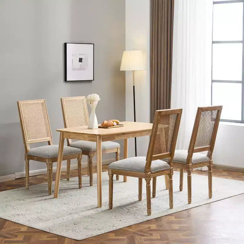 Christopher Knight Home Sillas de comedor tapizadas de madera y mimbre estilo rústico francés Brownell (Juego de 4)