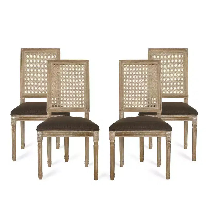 Christopher Knight Home Sillas de comedor tapizadas de madera y mimbre estilo rústico francés Brownell (Juego de 4)