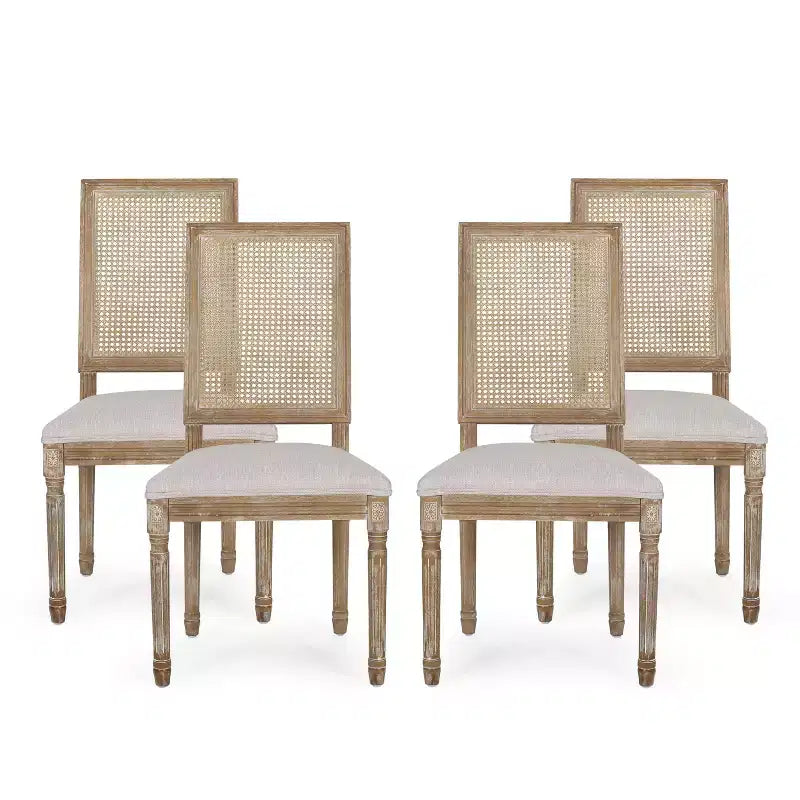 Christopher Knight Home Sillas de comedor tapizadas de madera y mimbre estilo rústico francés Brownell (Juego de 4)