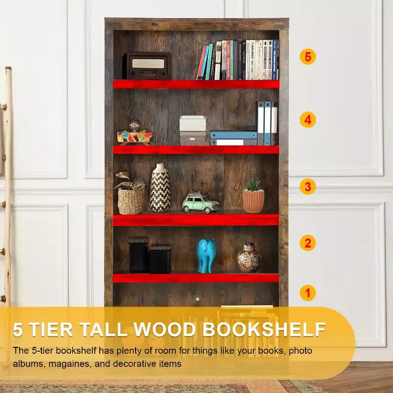 BestMassage Estantería de Madera de 5 Niveles para Salón, Dormitorio, Oficina, Marrón