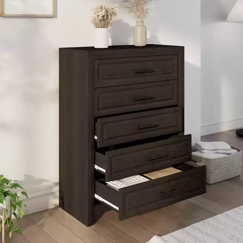 Juego de dormitorio de muebles de 5 piezas de madera natural antigua tamaño Queen - Cama, 2 cómodas, espejo y mesita de noche