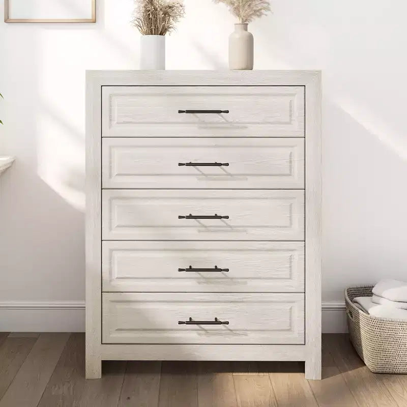 Juego de dormitorio de muebles de 5 piezas de madera natural antigua tamaño Queen - Cama, 2 cómodas, espejo y mesita de noche