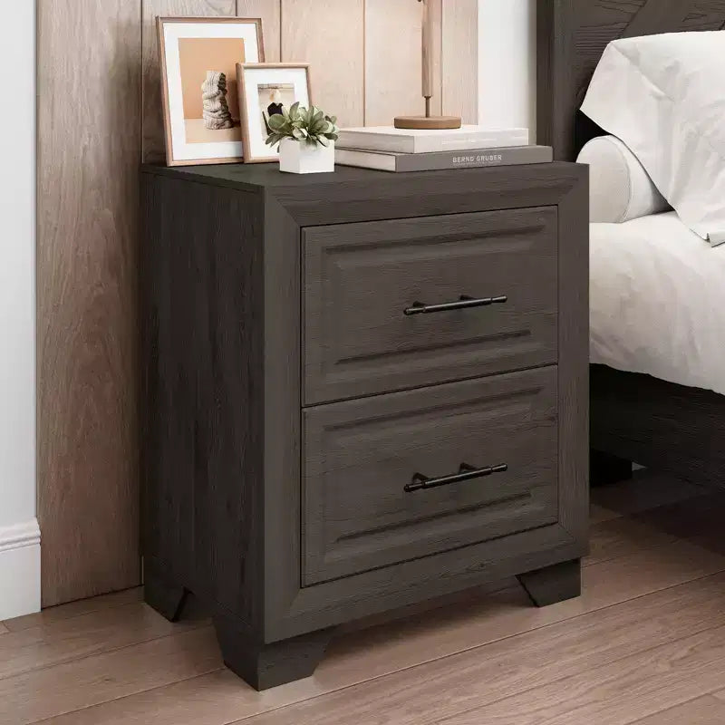 Juego de dormitorio de muebles de 5 piezas de madera natural antigua tamaño Queen - Cama, 2 cómodas, espejo y mesita de noche
