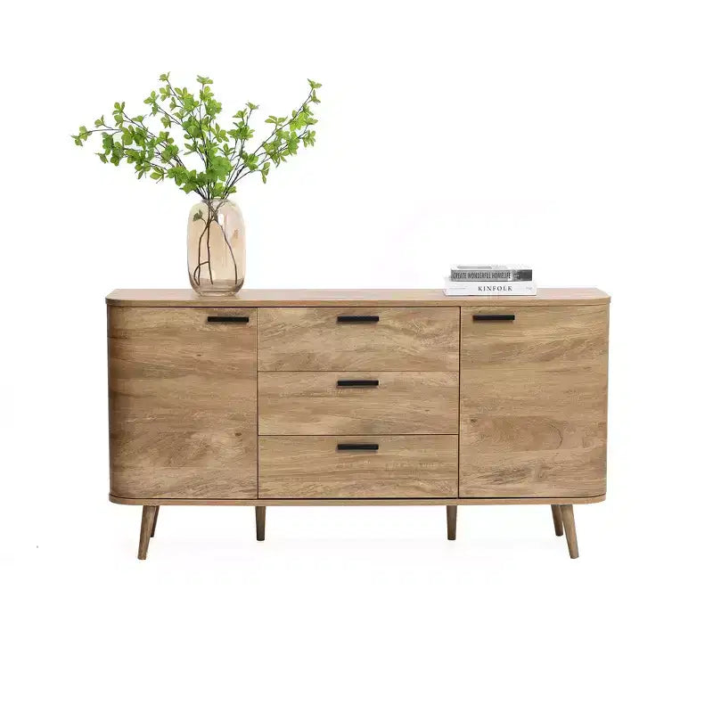 LuxenHome Aparador Alacena con Almacenamiento, Gabinete Consola de Acabado en Roble Natural de Madera Manufacturada de 59'' de Ancho con 2 Puertas y 3 Cajones