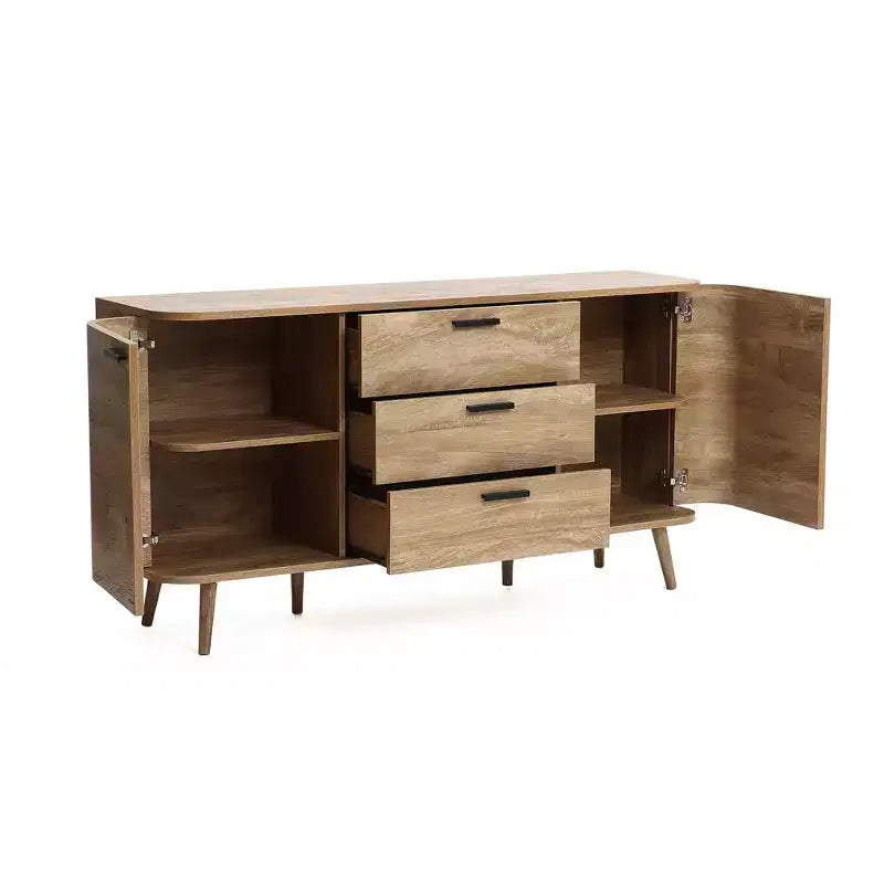 LuxenHome Aparador Alacena con Almacenamiento, Gabinete Consola de Acabado en Roble Natural de Madera Manufacturada de 59'' de Ancho con 2 Puertas y 3 Cajones
