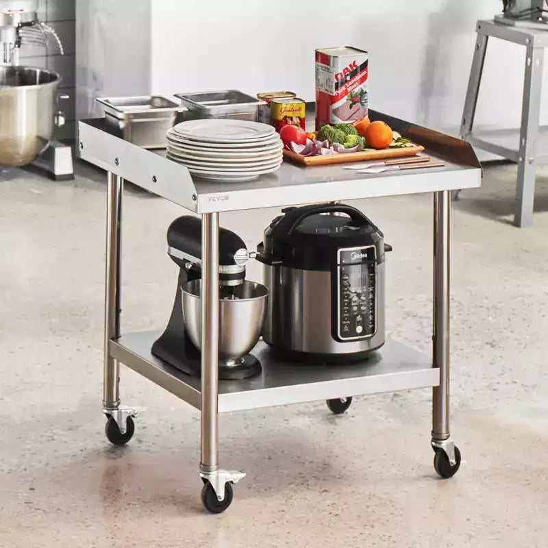 Mesa de trabajo de acero inoxidable VEVOR, mesa de trabajo de preparación de alimentos comercial de 24 x 28 x 30 pulgadas con 4 ruedas, ruedas giratorias, mesa de trabajo de preparación resistente con salpicadero de 3 lados