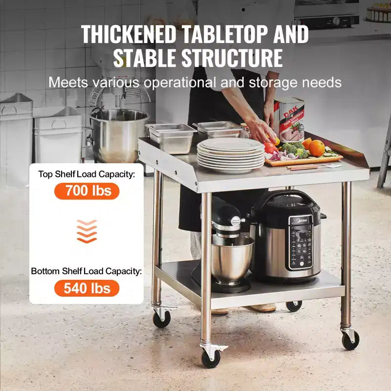 Mesa de trabajo de acero inoxidable VEVOR, mesa de trabajo de preparación de alimentos comercial de 24 x 28 x 30 pulgadas con 4 ruedas, ruedas giratorias, mesa de trabajo de preparación resistente con salpicadero de 3 lados