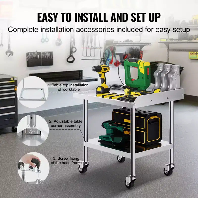 Mesa de trabajo de acero inoxidable VEVOR, mesa de trabajo de preparación de alimentos comercial de 24 x 28 x 30 pulgadas con 4 ruedas, ruedas giratorias, mesa de trabajo de preparación resistente con salpicadero de 3 lados