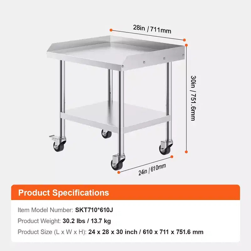 Mesa de trabajo de acero inoxidable VEVOR, mesa de trabajo de preparación de alimentos comercial de 24 x 28 x 30 pulgadas con 4 ruedas, ruedas giratorias, mesa de trabajo de preparación resistente con salpicadero de 3 lados
