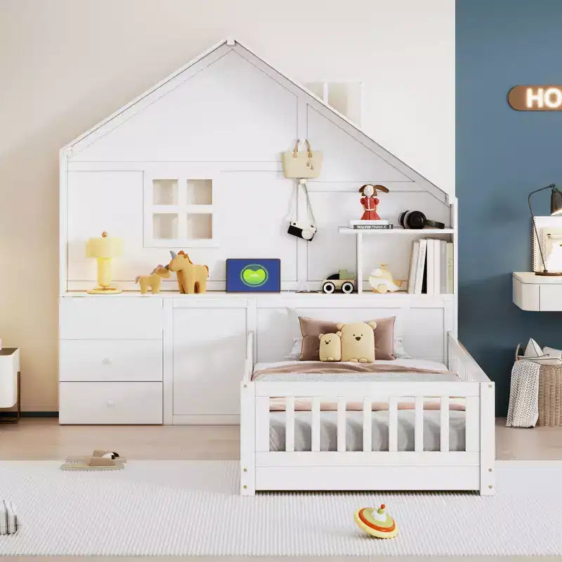 Cama juvenil de estilo cabaña, individual/matrimonial, con plataforma, cajones laterales, estantes, un juego de enchufes y puerto USB, color blanco-ModernLuxe