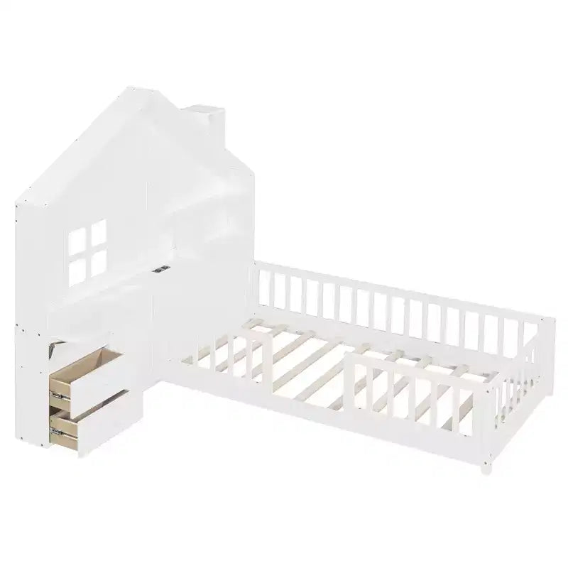 Cama juvenil de estilo cabaña, individual/matrimonial, con plataforma, cajones laterales, estantes, un juego de enchufes y puerto USB, color blanco-ModernLuxe