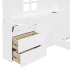 Cama juvenil de estilo cabaña, individual/matrimonial, con plataforma, cajones laterales, estantes, un juego de enchufes y puerto USB, color blanco-ModernLuxe