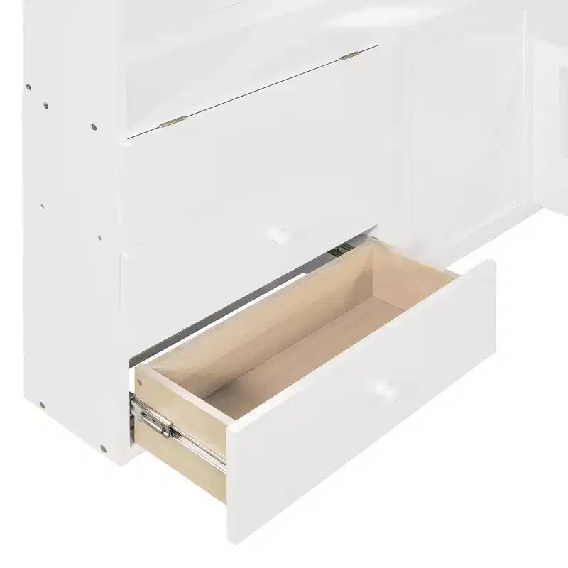 Cama juvenil de estilo cabaña, individual/matrimonial, con plataforma, cajones laterales, estantes, un juego de enchufes y puerto USB, color blanco-ModernLuxe