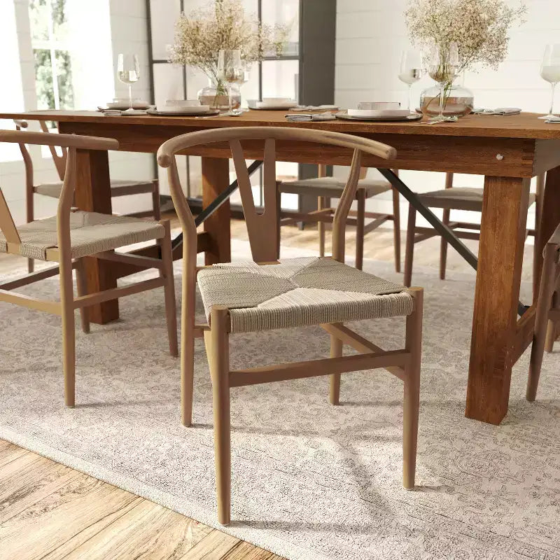 Silla de Comedor Apilable Merrick Lane con Diseño de Respaldo en Y, Estructura de Madera Maciza, Asiento de Cuerda de Papel Kraft Tejido