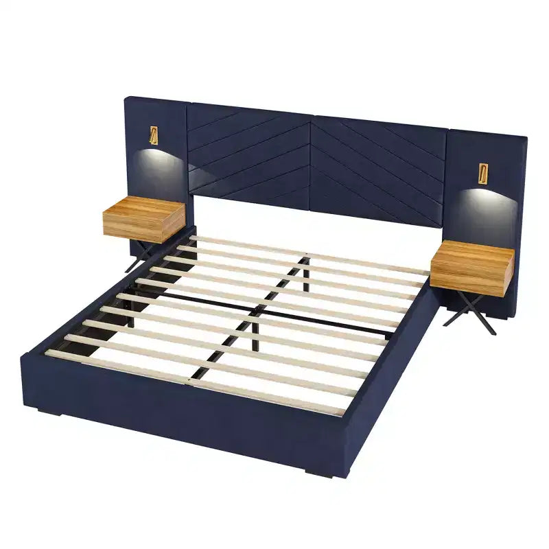 GDFStudio Salome Juego de muebles de dormitorio de terciopelo de 3 piezas con dos mesitas de noche LED