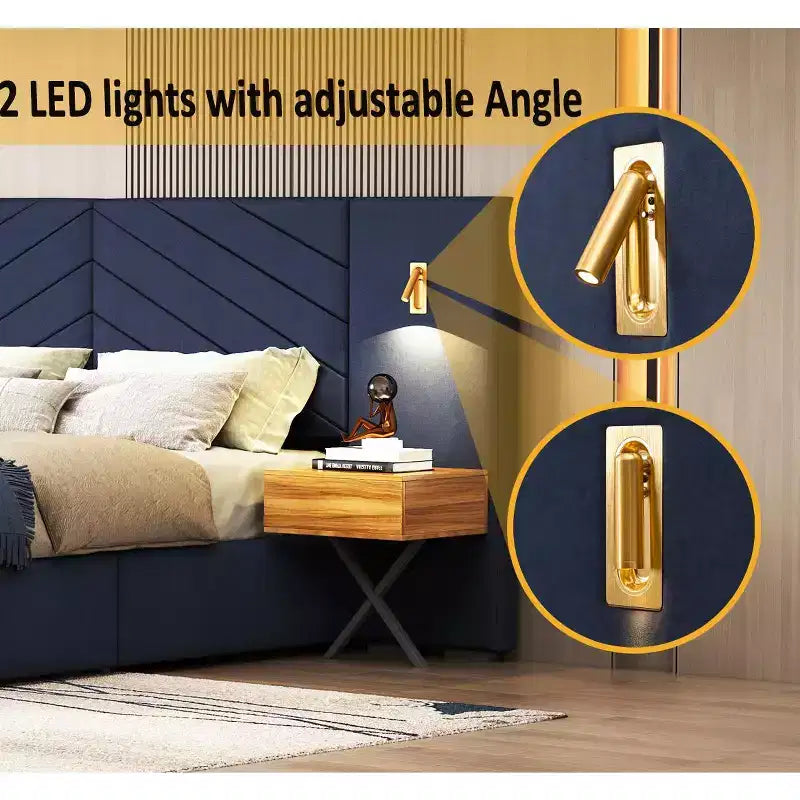 GDFStudio Salome Juego de muebles de dormitorio de terciopelo de 3 piezas con dos mesitas de noche LED
