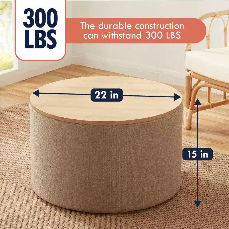Puf otomano Ornavo Home de 22 pulgadas redondo grande para almacenamiento y mesa de centro