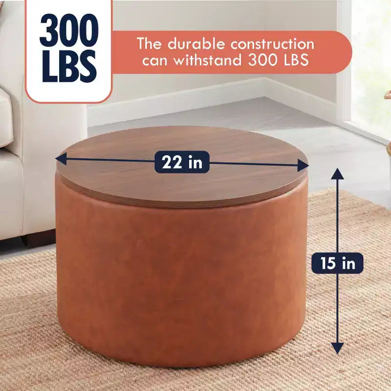 Puf otomano Ornavo Home de 22 pulgadas redondo grande para almacenamiento y mesa de centro