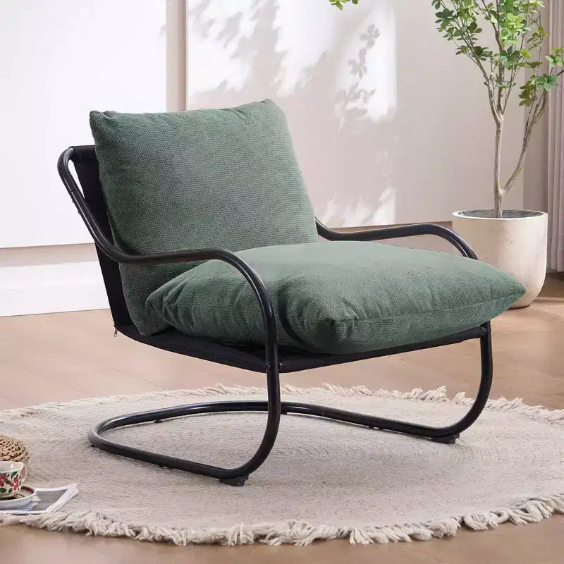 Sillón decorativo moderno y curvo FERPIT con tapicería de lino sintético, cómodo sillón con estructura de metal y cojines