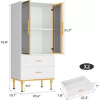 Armario de almacenamiento estriado moderno con puerta de cristal y 2 cajones, estantes ajustables, detalles dorados, construcción de MDF para cocina, sala de estar, oficina