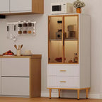 Armario de almacenamiento estriado moderno con puerta de cristal y 2 cajones, estantes ajustables, detalles dorados, construcción de MDF para cocina, sala de estar, oficina