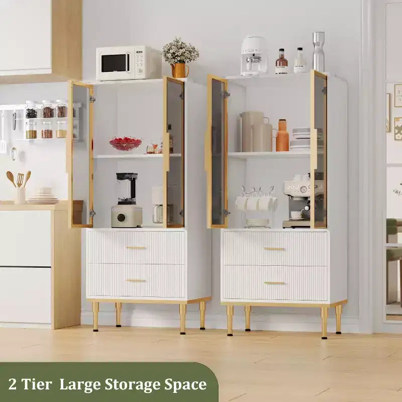 Armario de almacenamiento estriado moderno con puerta de cristal y 2 cajones, estantes ajustables, detalles dorados, construcción de MDF para cocina, sala de estar, oficina