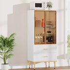 Armario de almacenamiento estriado moderno con puerta de cristal y 2 cajones, estantes ajustables, detalles dorados, construcción de MDF para cocina, sala de estar, oficina