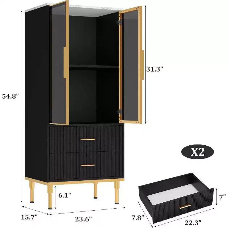 Armario de almacenamiento estriado moderno con puerta de cristal y 2 cajones, estantes ajustables, detalles dorados, construcción de MDF para cocina, sala de estar, oficina