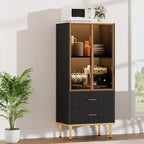 Armario de almacenamiento estriado moderno con puerta de cristal y 2 cajones, estantes ajustables, detalles dorados, construcción de MDF para cocina, sala de estar, oficina