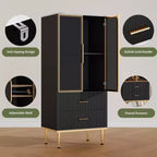 Armario de almacenamiento estriado moderno con puerta de cristal y 2 cajones, estantes ajustables, detalles dorados, construcción de MDF para cocina, sala de estar, oficina