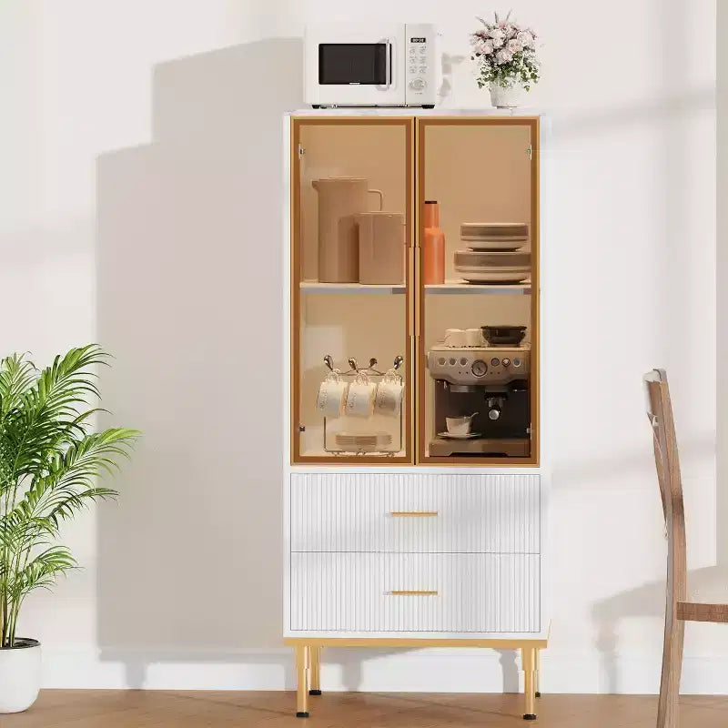 Armario de almacenamiento estriado moderno con puerta de cristal y 2 cajones, estantes ajustables, detalles dorados, construcción de MDF para cocina, sala de estar, oficina
