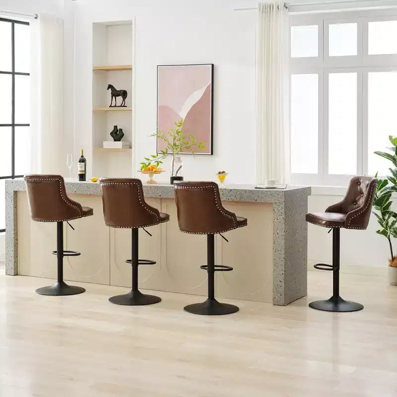 Juego de 4 taburetes de bar, taburetes giratorios ajustables, sillas de bar de piel sintética, altura de mostrador tapizados con respaldo alto