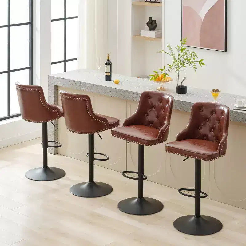 Juego de 4 taburetes de bar, taburetes giratorios ajustables, sillas de bar de piel sintética, altura de mostrador tapizados con respaldo alto