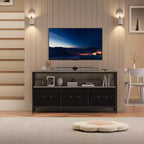 Mueble de TV negro de 55 pulgadas con cajones grises, centro de entretenimiento estilo cómoda para almacenamiento en sala de estar y dormitorio