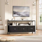 Mueble de TV negro de 55 pulgadas con cajones grises, centro de entretenimiento estilo cómoda para almacenamiento en sala de estar y dormitorio