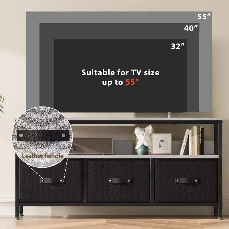 Mueble de TV negro de 55 pulgadas con cajones grises, centro de entretenimiento estilo cómoda para almacenamiento en sala de estar y dormitorio