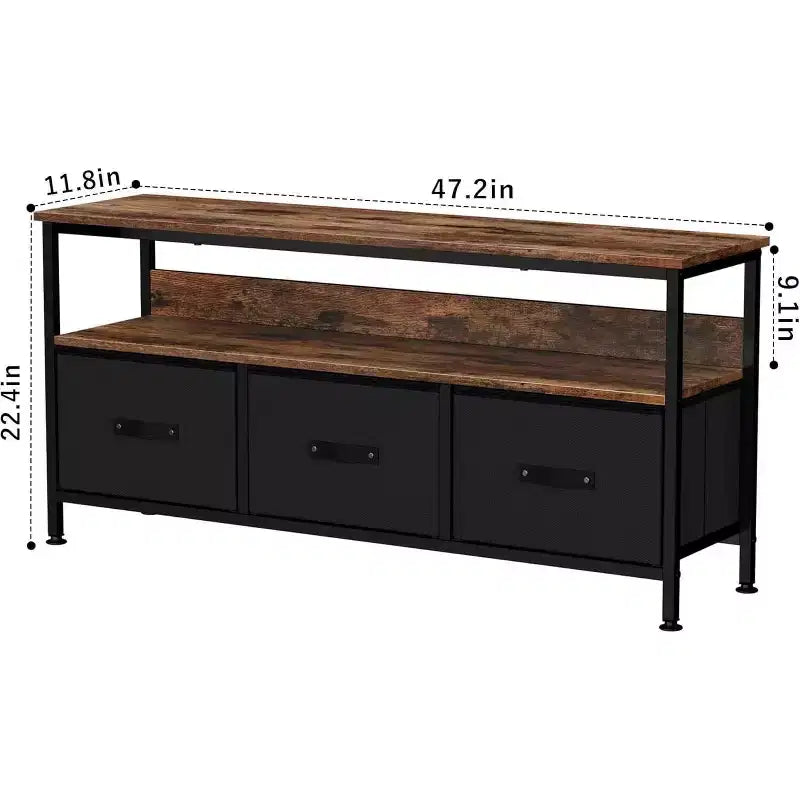 Mueble de TV negro de 55 pulgadas con cajones grises, centro de entretenimiento estilo cómoda para almacenamiento en sala de estar y dormitorio